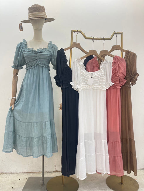 Summer Puff Sleeves Layer Ruffle Neckline Sundresses
